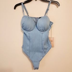 Light blue faux denim thong sleeveless bodysuit